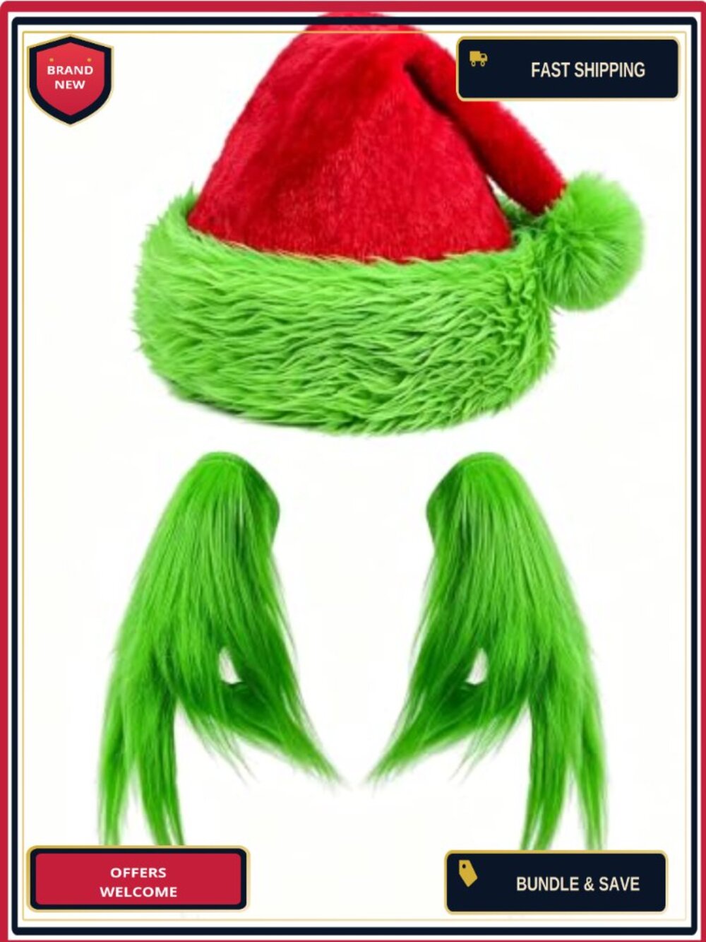 Green Monster Furry Gloves Santa Hat Costume Set Plush Cosplay Accessories